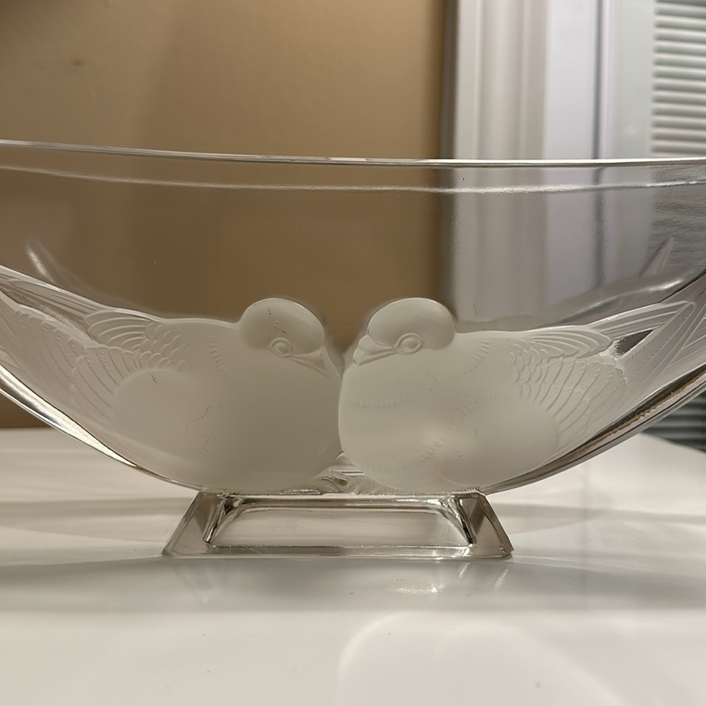 Verlys Console Bowl Boat Shape French 30S ARTDECO FROSTED GLASS BIRD DOVE SIGNED - Picture 2 of 12
